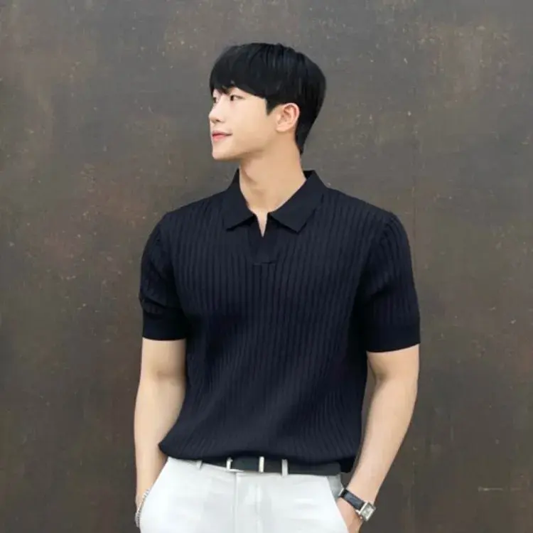 Trendy Polo Shirt For Men Summer Solid Color Top Versatile Knit Style Korean Short Sleeves Casual Fashion T-shirt