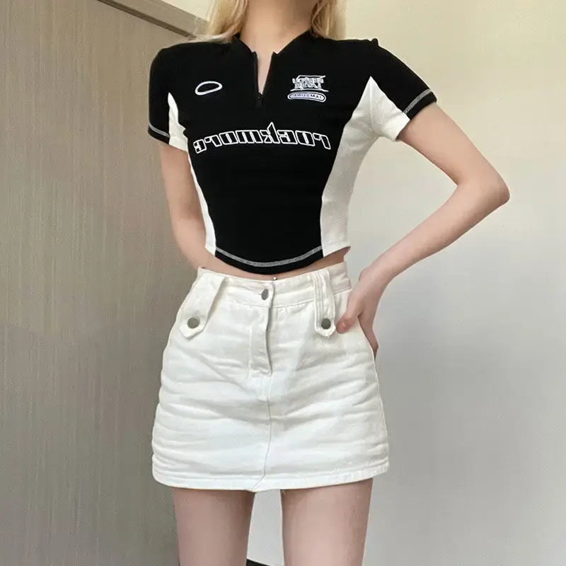 American Style Color Blocking Slim Fit T-Shirt Women's V-Neck Zipper Top Cropped T-Shirt Polyester Fiber Short Sleeve