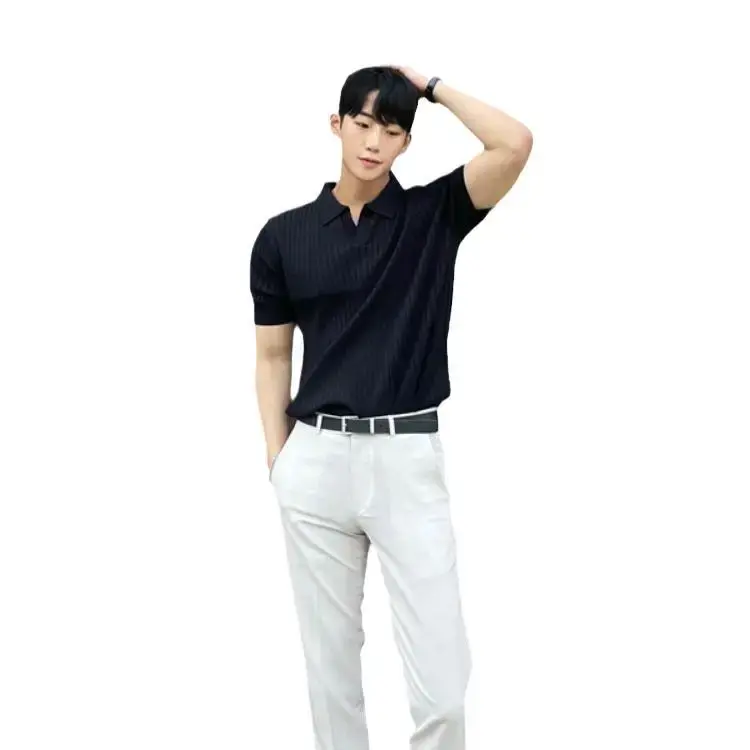 Trendy Polo Shirt For Men Summer Solid Color Top Versatile Knit Style Korean Short Sleeves Casual Fashion T-shirt