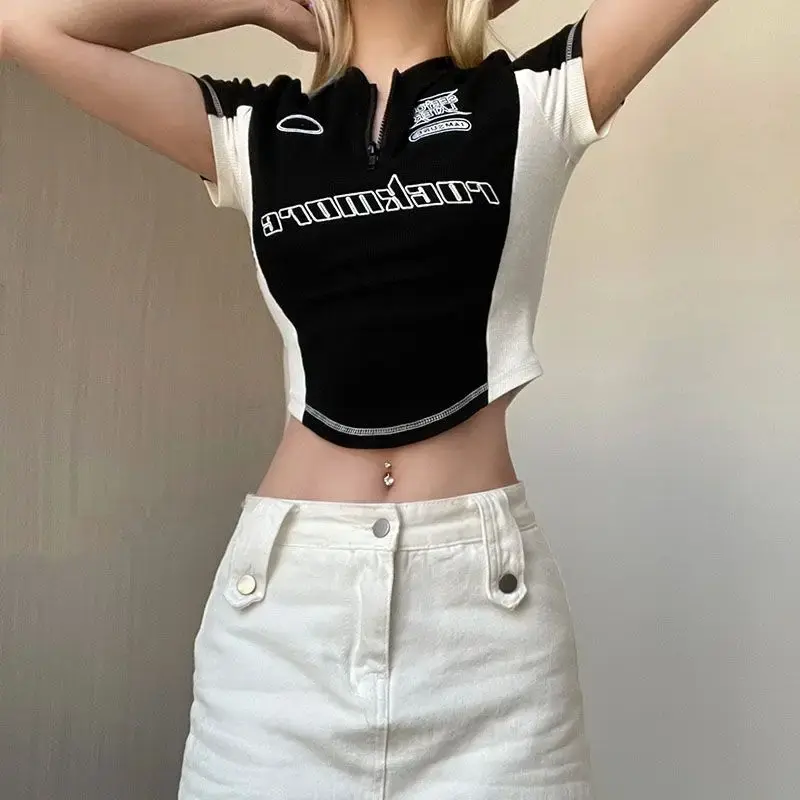 American Style Color Blocking Slim Fit T-Shirt Women's V-Neck Zipper Top Cropped T-Shirt Polyester Fiber Short Sleeve