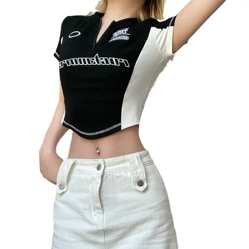 American Style Color Blocking Slim Fit T-Shirt Women's V-Neck Zipper Top Cropped T-Shirt Polyester Fiber Short Sleeve