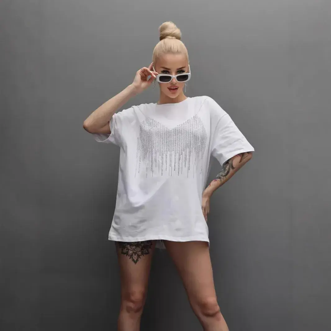 Summer New Heavy Duty Rhinestone Women's T-shirt Loose Casual Crew Neck Cotton Top Trendy Ins Oversize Streetwear