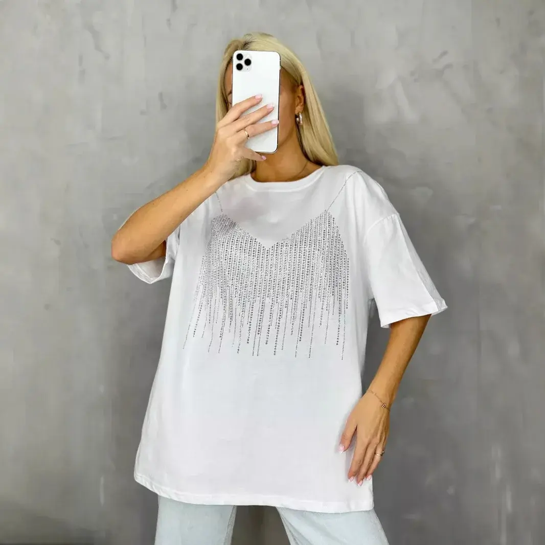 Summer New Heavy Duty Rhinestone Women's T-shirt Loose Casual Crew Neck Cotton Top Trendy Ins Oversize Streetwear