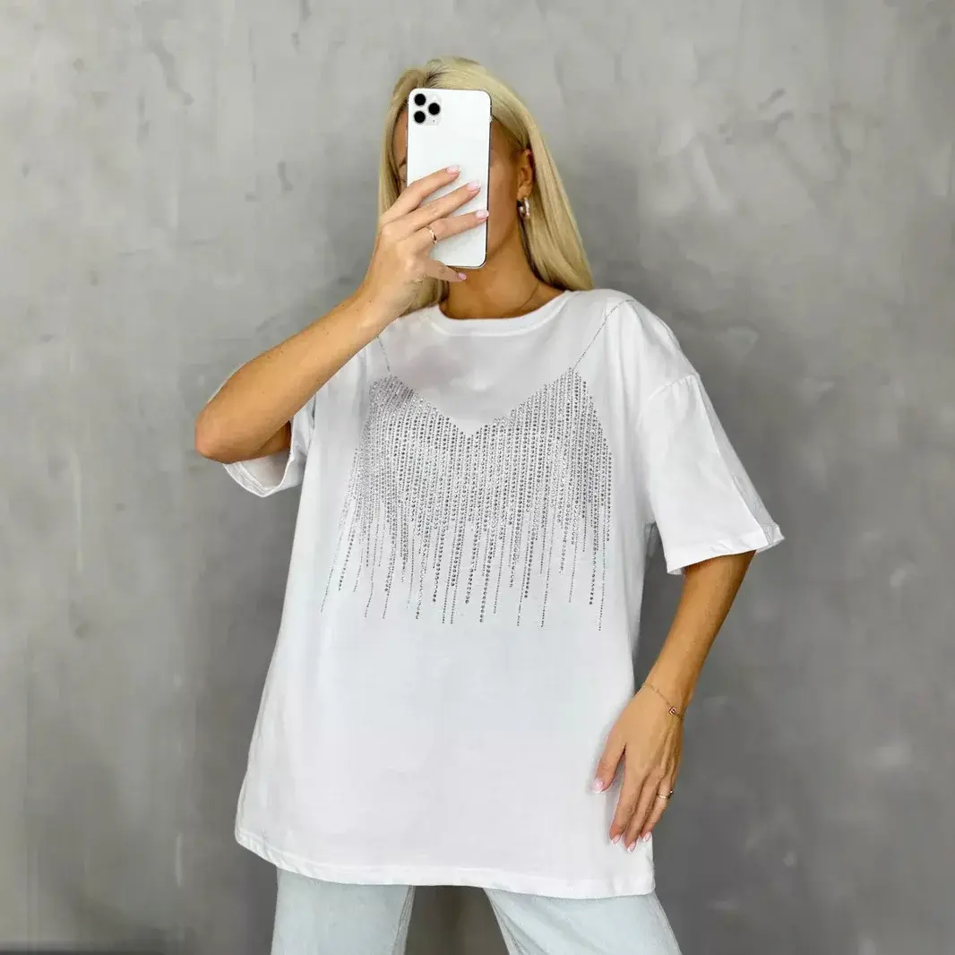 Summer New Heavy Duty Rhinestone Women's T-shirt Loose Casual Crew Neck Cotton Top Trendy Ins Oversize Streetwear