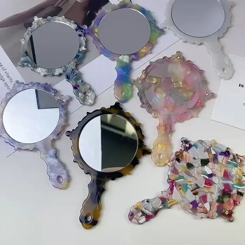 Portable Handle Makeup Mirror Diamond Patterned Luxury Feel Handy Mirror Jewelry Handheld Mirror Professional Salon Accessories