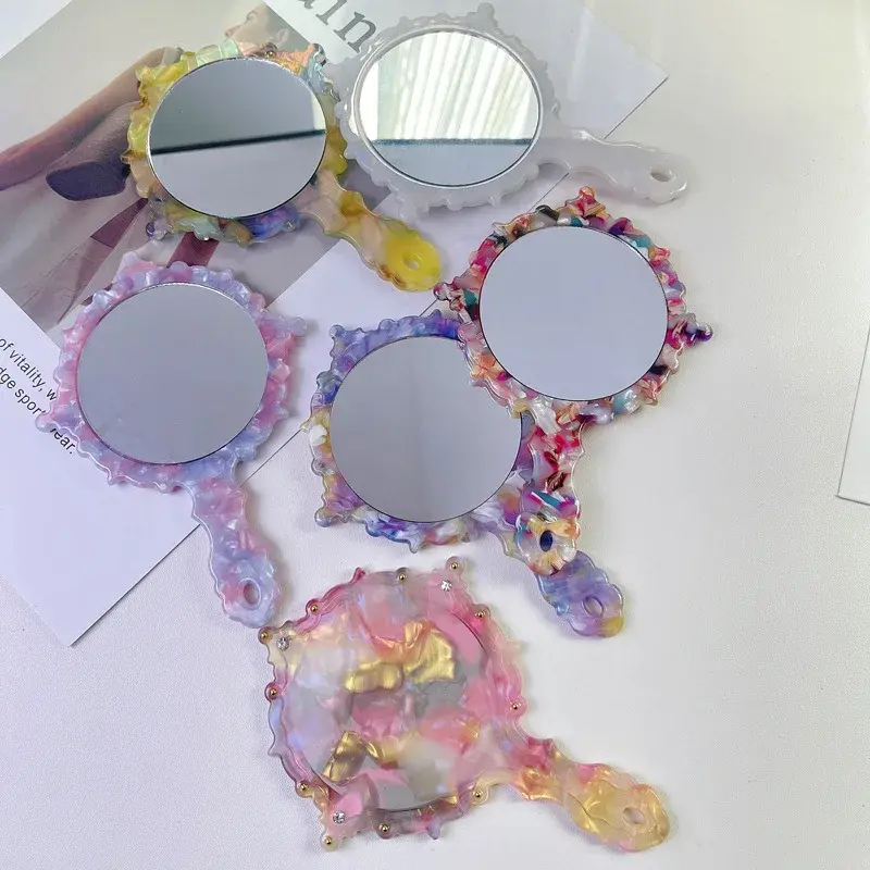 Portable Handle Makeup Mirror Diamond Patterned Luxury Feel Handy Mirror Jewelry Handheld Mirror Professional Salon Accessories