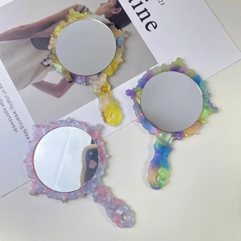 Portable Handle Makeup Mirror Diamond Patterned Luxury Feel Handy Mirror Jewelry Handheld Mirror Professional Salon Accessories