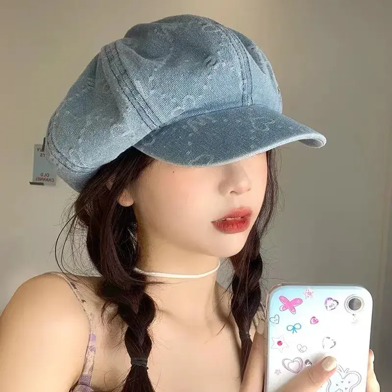 Retro Artistic Denim Beret Hat Women's Spring Autumn Small Face Cloud Octagonal Cap Korean Style Large Head Painter Hat