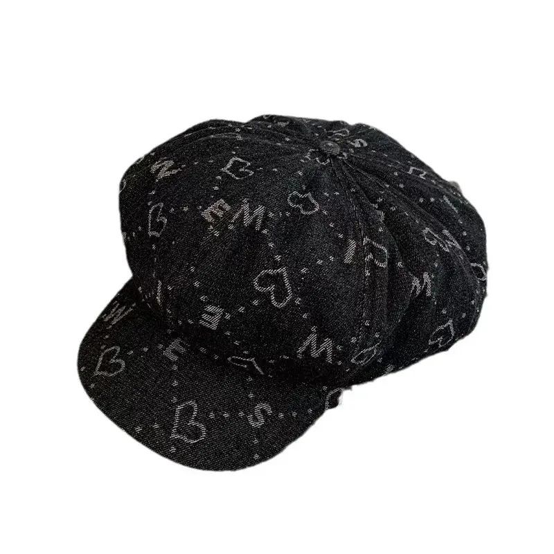 Retro Artistic Denim Beret Hat Women's Spring Autumn Small Face Cloud Octagonal Cap Korean Style Large Head Painter Hat