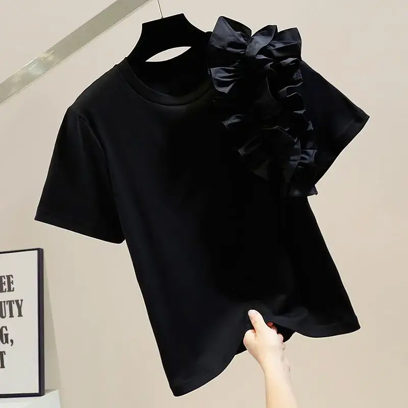 Stylish Versatile Slim Fit Round Neck T-Shirt Women's Single Side 3D Wood Ear Edge Joining Short Sleeves Age-Reducing Top