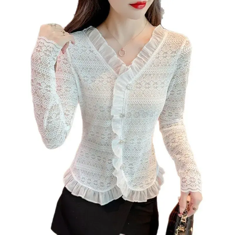 Fashionable V-Neck Lace Base Shirt Women's Slim Fit Beautiful Meticulous Early Autumn Top Full Sleeve Floral Trim T-Shirt