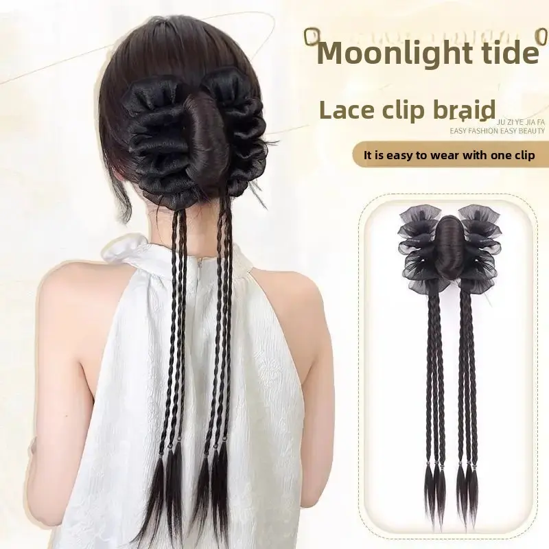 New Chinese Style Long Braid Hair Extension Women's Clip Lace Edge Low Ponytail Artificial Six Twist Fake Hair Accessory