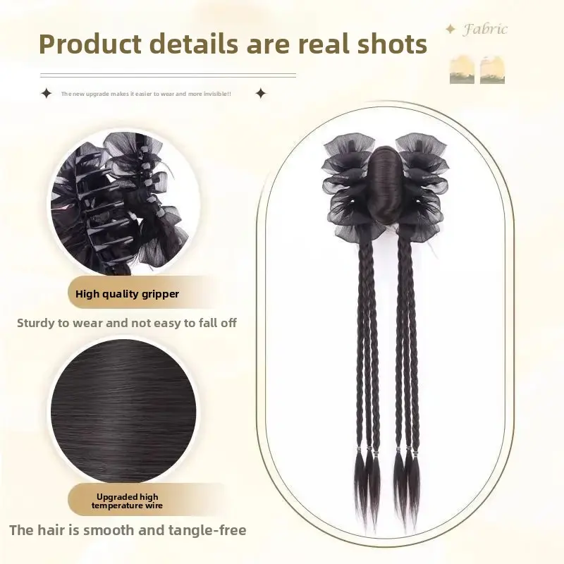 New Chinese Style Long Braid Hair Extension Women's Clip Lace Edge Low Ponytail Artificial Six Twist Fake Hair Accessory