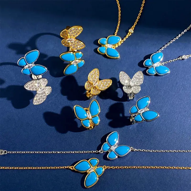 Luxury Craft Blue Beads Necklace Women's Clavicle Chain Lightweight Jewelry Pair Set Ring Earrings Wholesale
