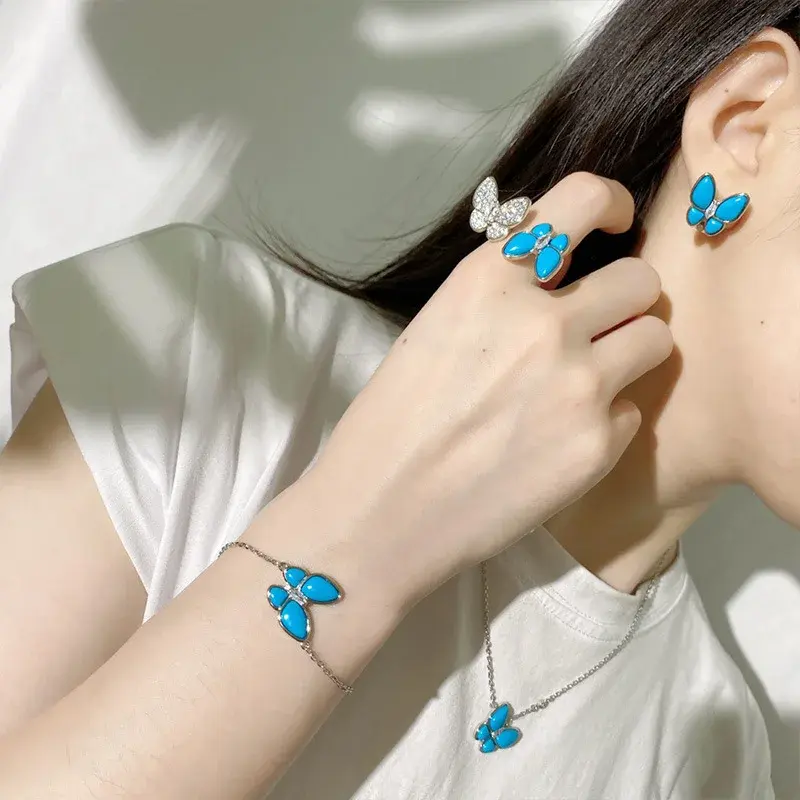 Luxury Craft Blue Beads Necklace Women's Clavicle Chain Lightweight Jewelry Pair Set Ring Earrings Wholesale