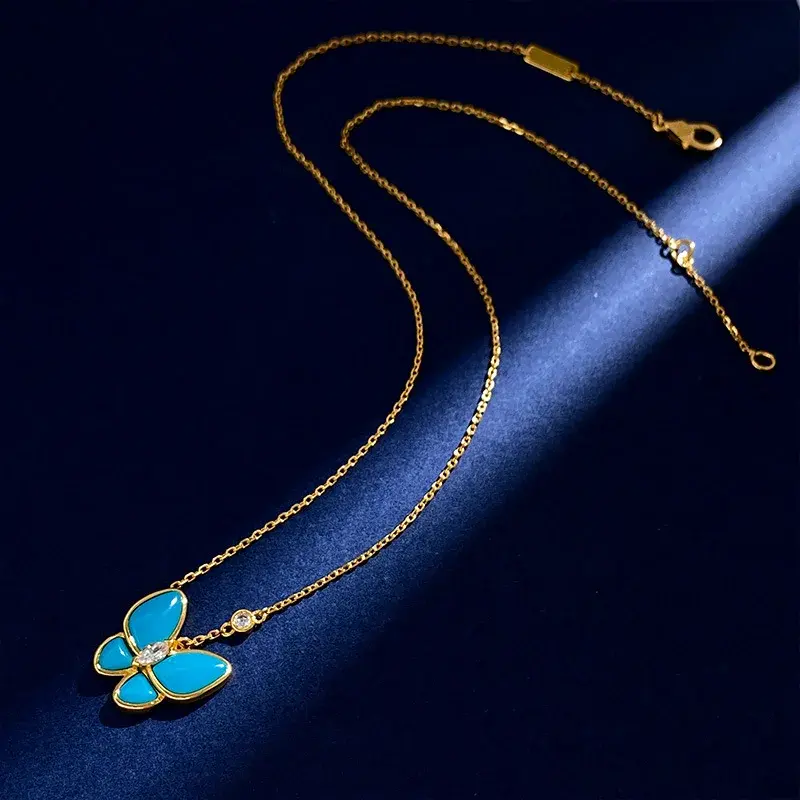 Luxury Craft Blue Beads Necklace Women's Clavicle Chain Lightweight Jewelry Pair Set Ring Earrings Wholesale