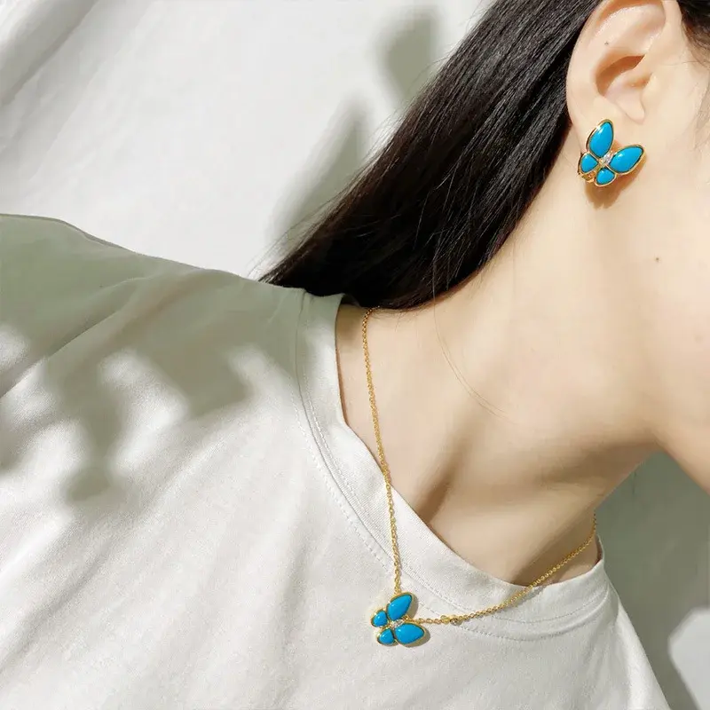 Luxury Craft Blue Beads Necklace Women's Clavicle Chain Lightweight Jewelry Pair Set Ring Earrings Wholesale