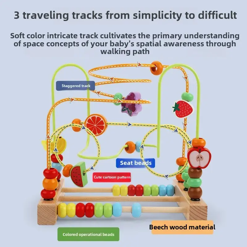 Wooden Early Education Beads for Children Hand Eye Coordination Animal Fruit Toys Educational Toys for Toddlers 1-3 Years Old