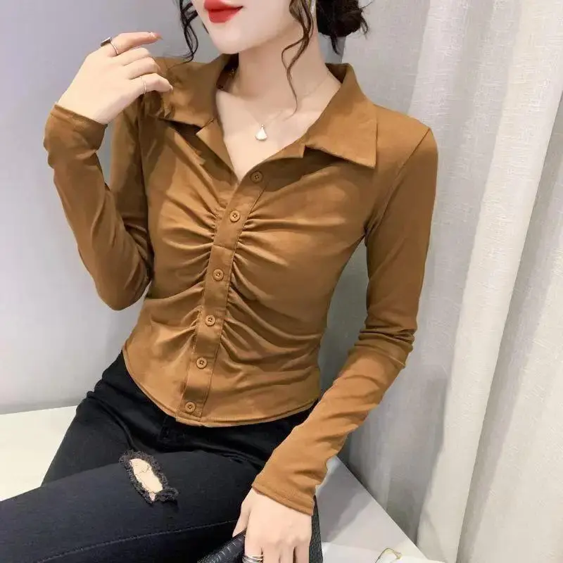 2024 French Pure Desire Women's Slim Fit T-Shirt Spring Autumn New Style Cropped Elegant Collar Inner Top Full Sleeve