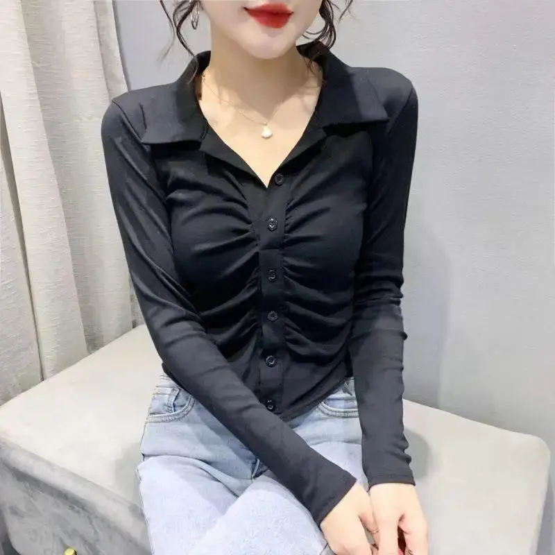 2024 French Pure Desire Women's Slim Fit T-Shirt Spring Autumn New Style Cropped Elegant Collar Inner Top Full Sleeve
