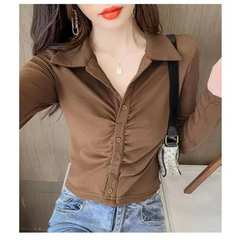 2024 French Pure Desire Women's Slim Fit T-Shirt Spring Autumn New Style Cropped Elegant Collar Inner Top Full Sleeve