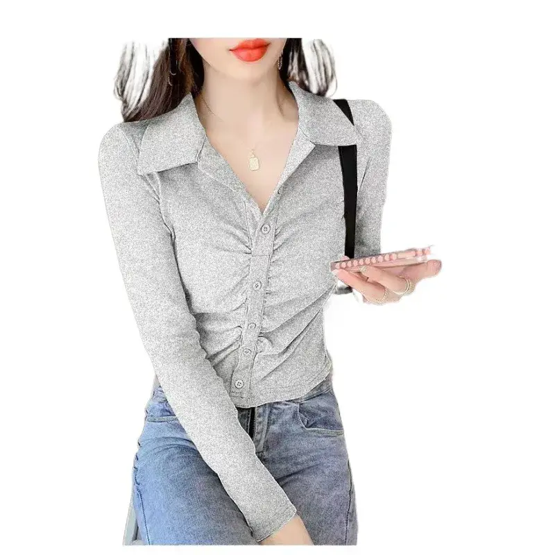 2024 French Pure Desire Women's Slim Fit T-Shirt Spring Autumn New Style Cropped Elegant Collar Inner Top Full Sleeve