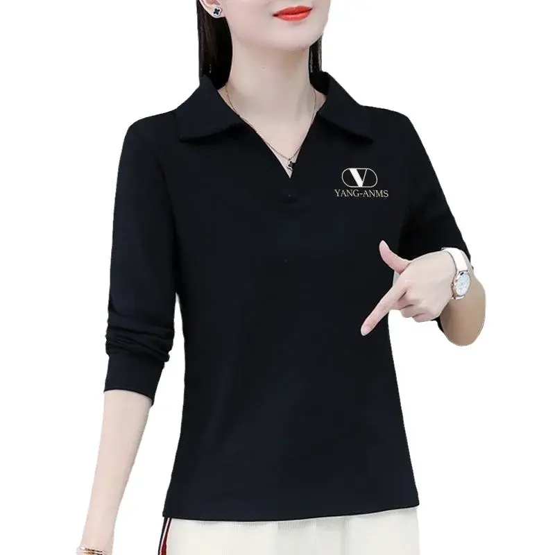 Spring Autumn Women's Long Sleeve Polo Shirt New Style Plus Sizes Slimming Effective Fashion Versatile Top For Ladies