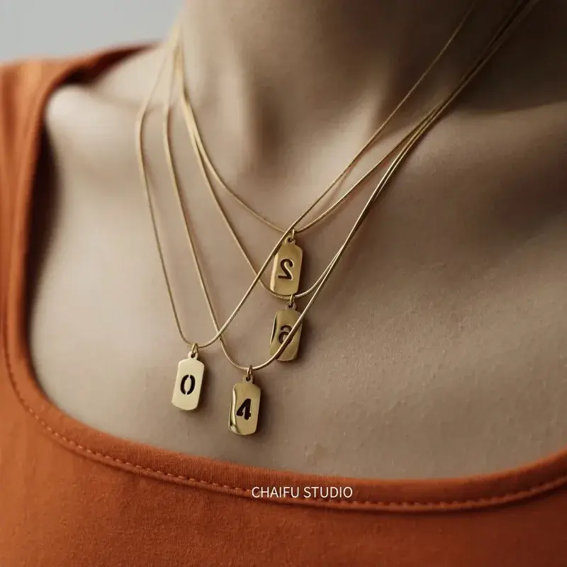 Your Lucky Number Stainless Steel Necklace Simple Versatile Clavicle Chain Trendy Overlay Square Tag Collar For Men And Women