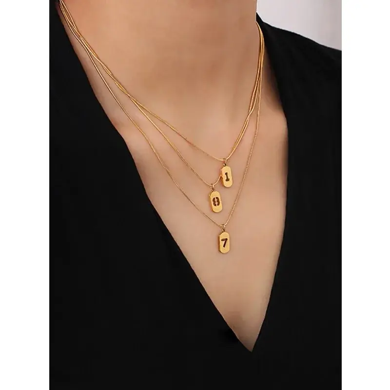 Your Lucky Number Stainless Steel Necklace Simple Versatile Clavicle Chain Trendy Overlay Square Tag Collar For Men And Women