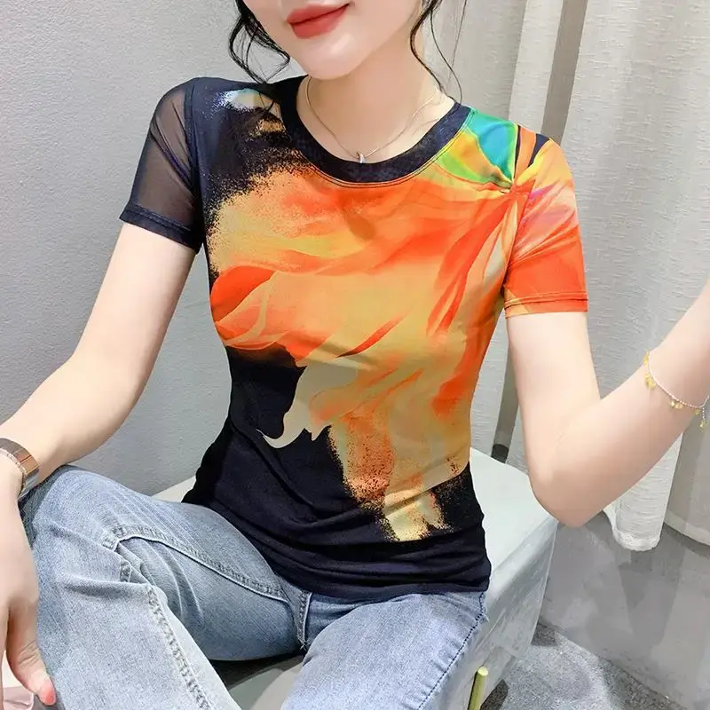 Fashionable Summer 2024 Mesh Printed Positioning Flowers Short Sleeves Round Neck Slimming Top Trendy European Style