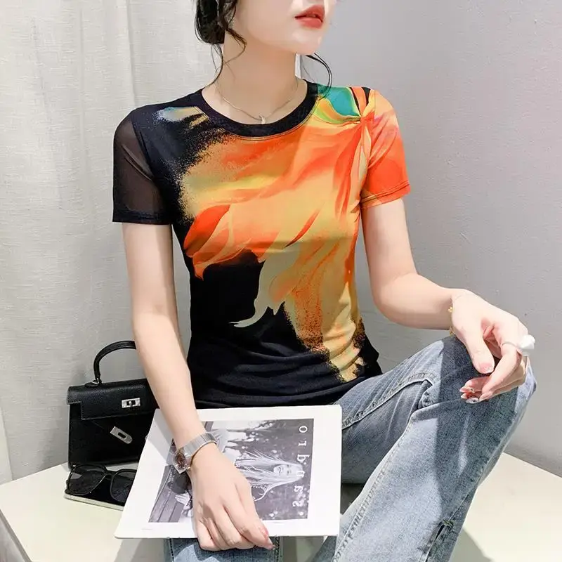 Fashionable Summer 2024 Mesh Printed Positioning Flowers Short Sleeves Round Neck Slimming Top Trendy European Style