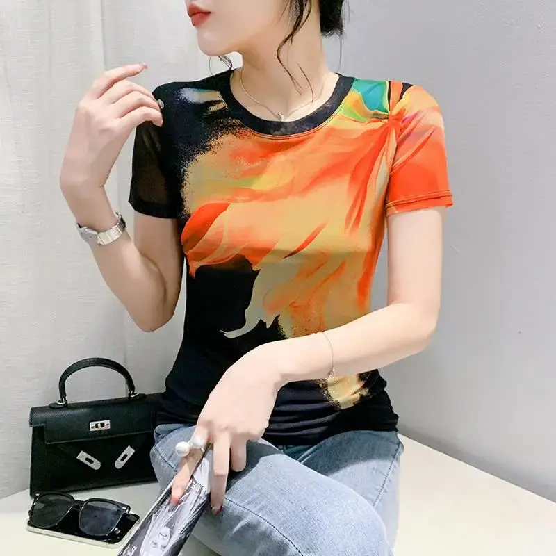 Fashionable Summer 2024 Mesh Printed Positioning Flowers Short Sleeves Round Neck Slimming Top Trendy European Style
