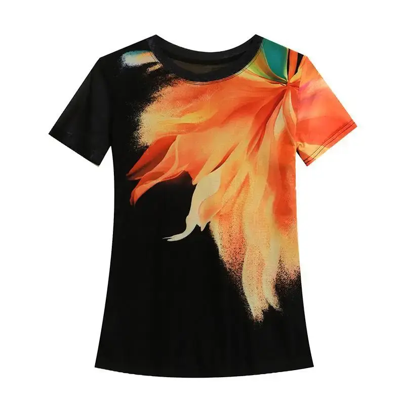Fashionable Summer 2024 Mesh Printed Positioning Flowers Short Sleeves Round Neck Slimming Top Trendy European Style