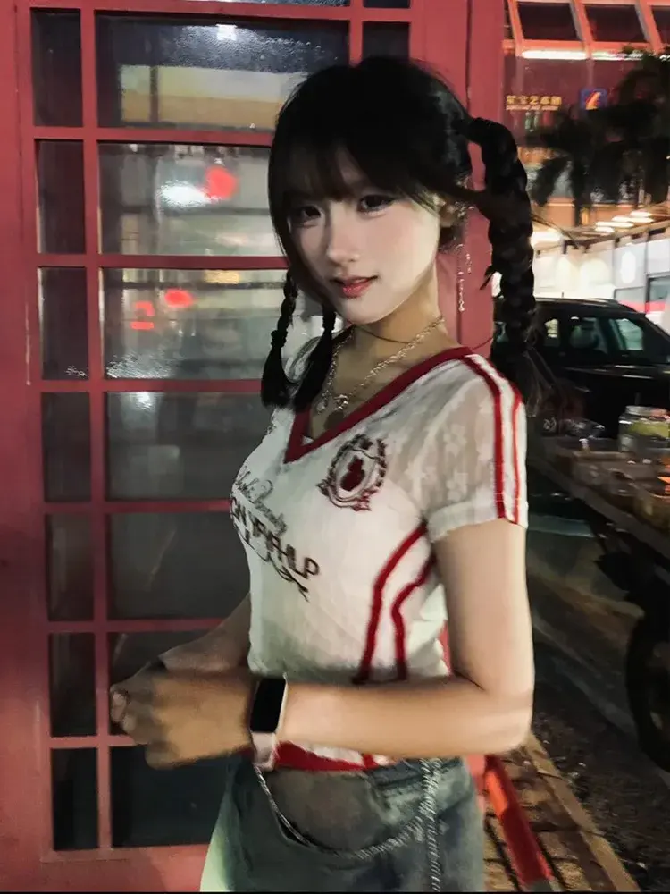 American Retro Short Sleeve T-Shirt Women Summer New Lace Sexy Short V-neck Slimming Top Floral Sleeveless Flip Collar Tee