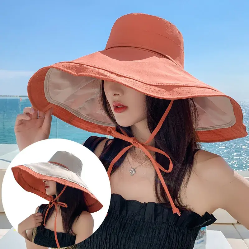 2024 Summer New Women's Beach Vacation Large Sunshade Cap Double-Sided Wear Windproof Glacier Cap Motorcycle Helmet Style Neck W