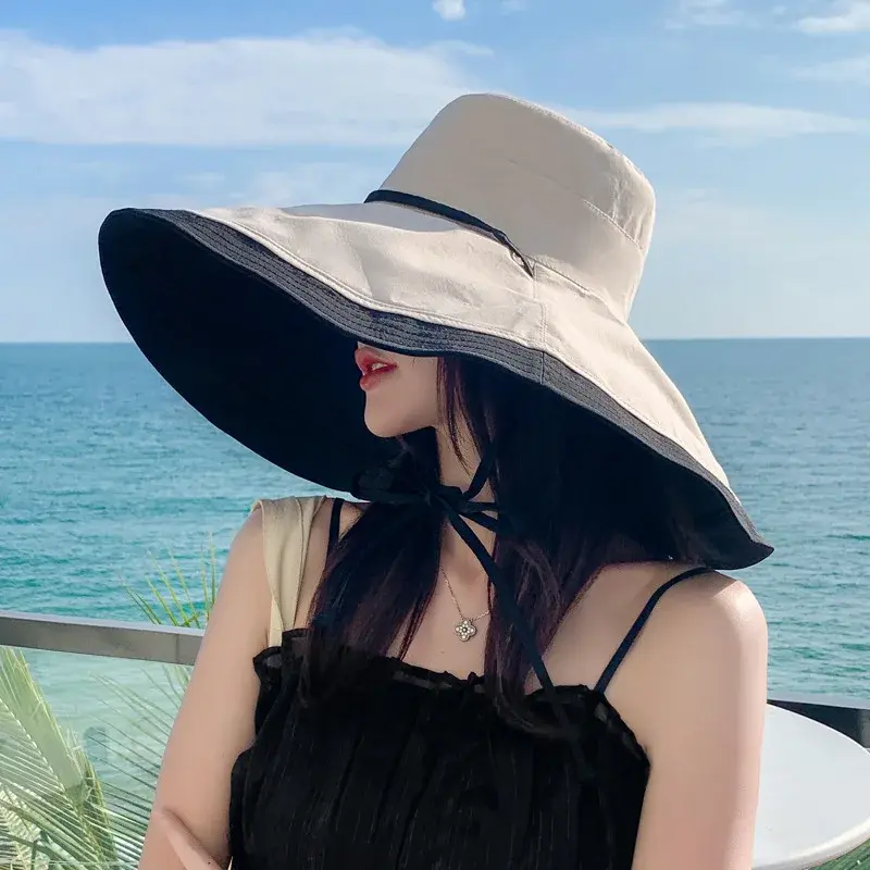 2024 Summer New Women's Beach Vacation Large Sunshade Cap Double-Sided Wear Windproof Glacier Cap Motorcycle Helmet Style Neck W