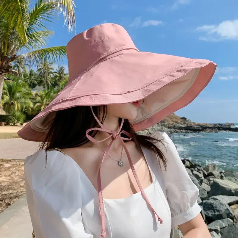 2024 Summer New Women's Beach Vacation Large Sunshade Cap Double-Sided Wear Windproof Glacier Cap Motorcycle Helmet Style Neck W