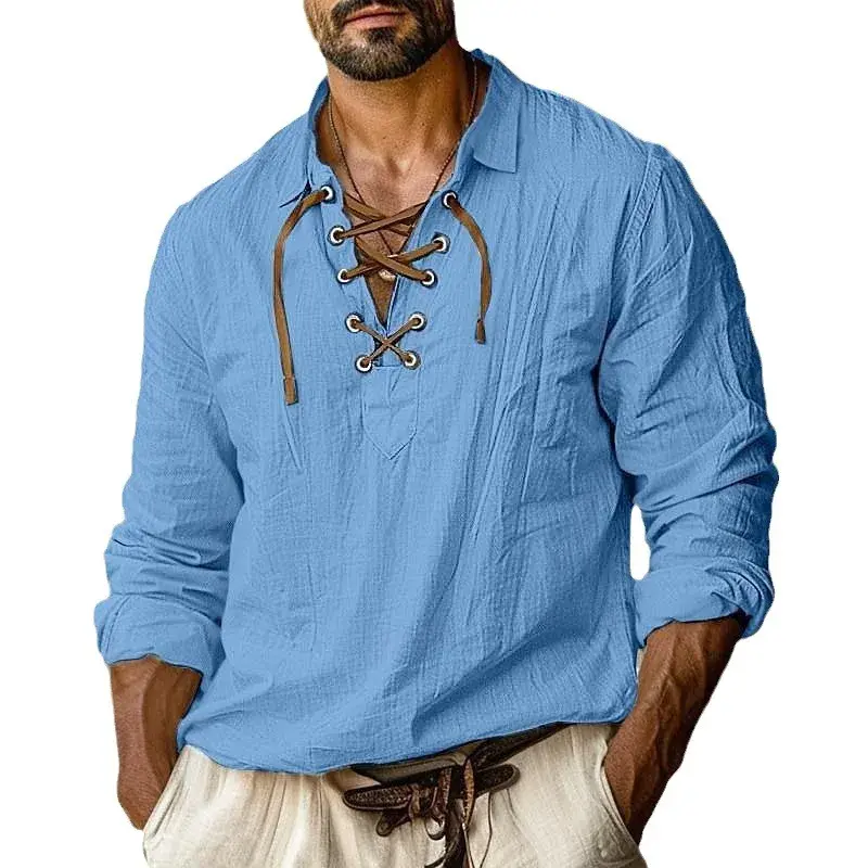 Amazon Men's Lapel Cotton Linen Solid Color Long Sleeve Shirt European Style Youth Integrated Shirt Casual Scenario