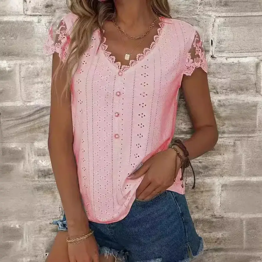 Fashionable Pure Color Lace V-Neck Short Sleeve T-Shirt 2024wish New Arrival Women's Top Elegant Simple Design Casual Wear