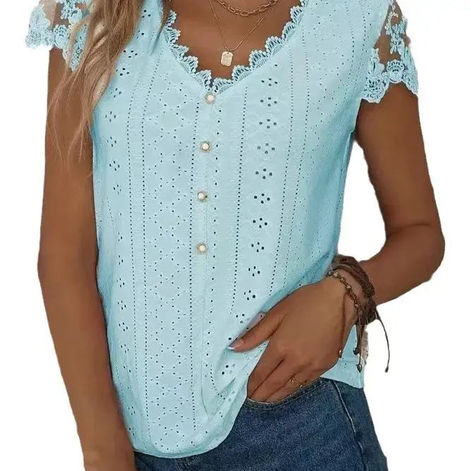Fashionable Pure Color Lace V-Neck Short Sleeve T-Shirt 2024wish New Arrival Women's Top Elegant Simple Design Casual Wear