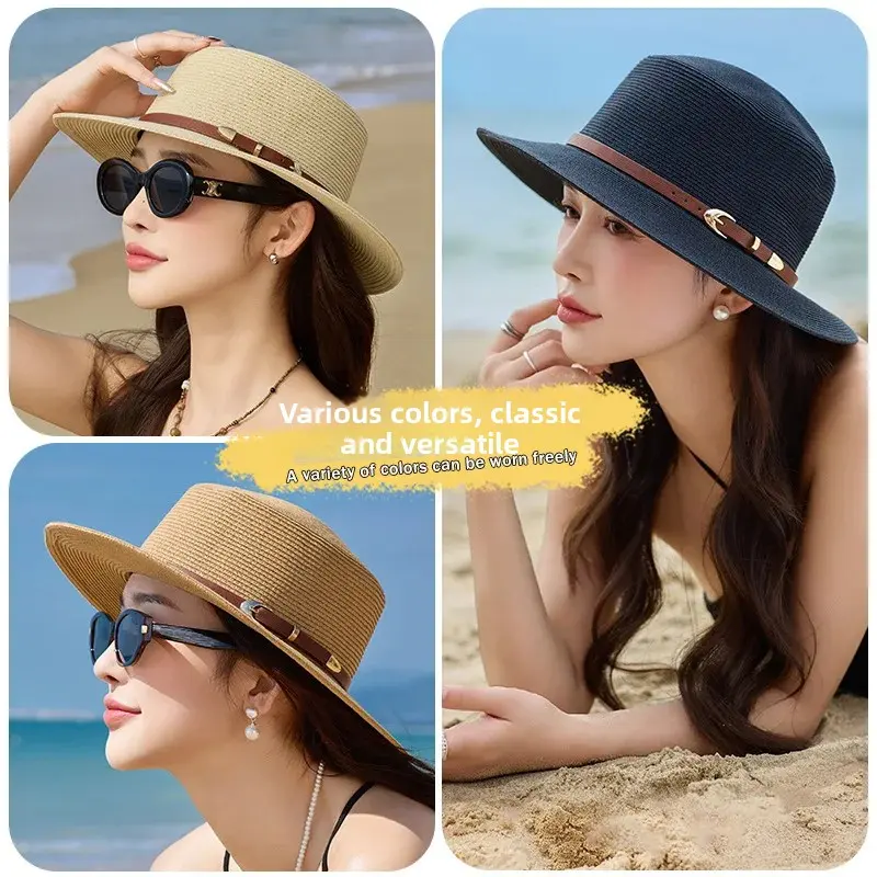 Summer New Women's Sun Protection Straw Hat Large Brim Beach Hat Lace Net Cap Flat Top Fashionable And Elegant