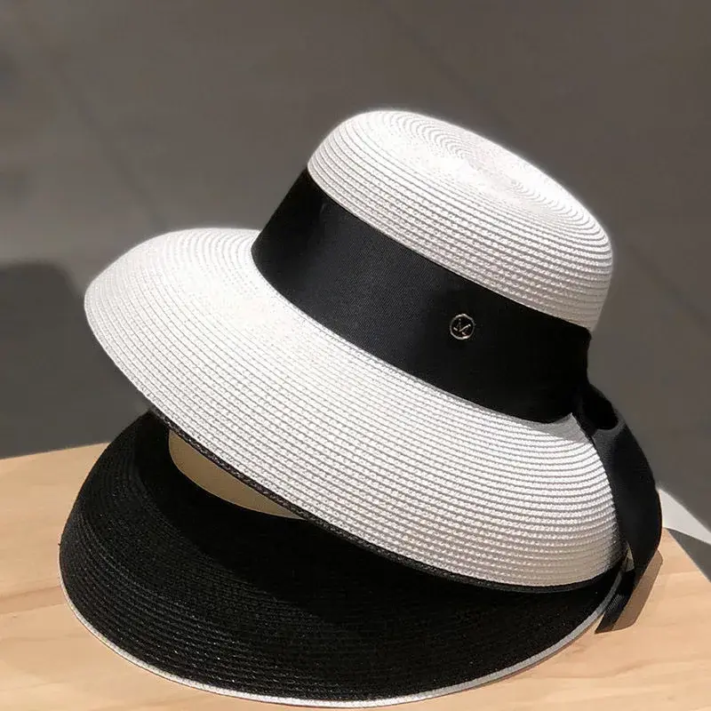 Retro French Street Style Hepburn Versatile Silk Ribbon Straw Hat Women's Popular Fashion Korean Version Sunshade Cap