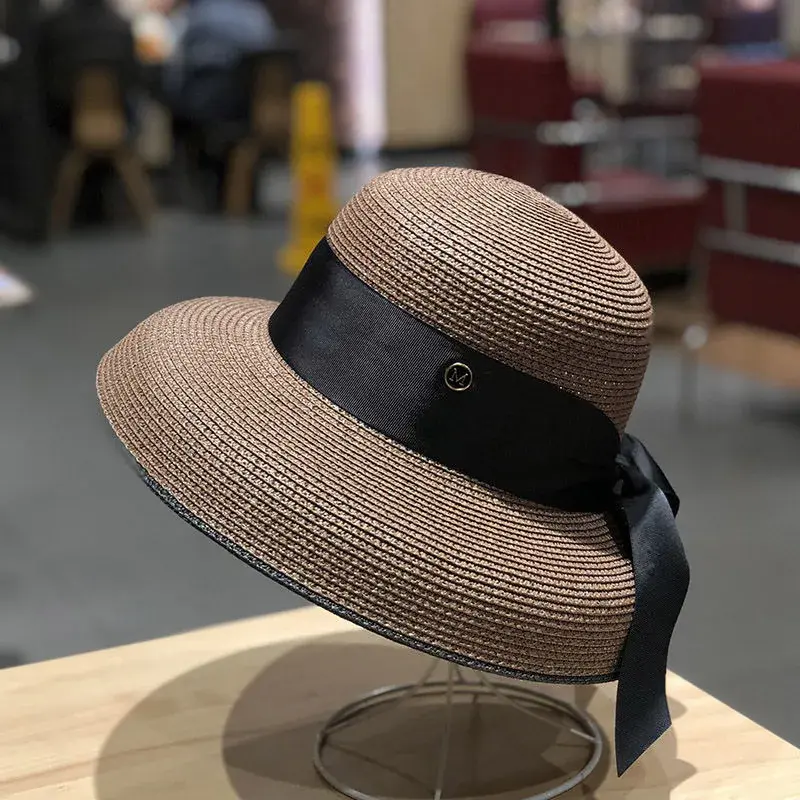 Retro French Street Style Hepburn Versatile Silk Ribbon Straw Hat Women's Popular Fashion Korean Version Sunshade Cap