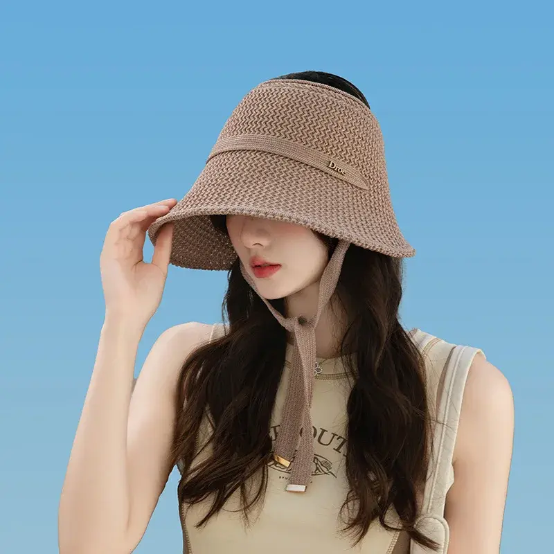 New Summer Knitted Tie Top Hat Breathable Outdoor Sports Sun Protection Fashionable Small Audience No Top Hat for Women