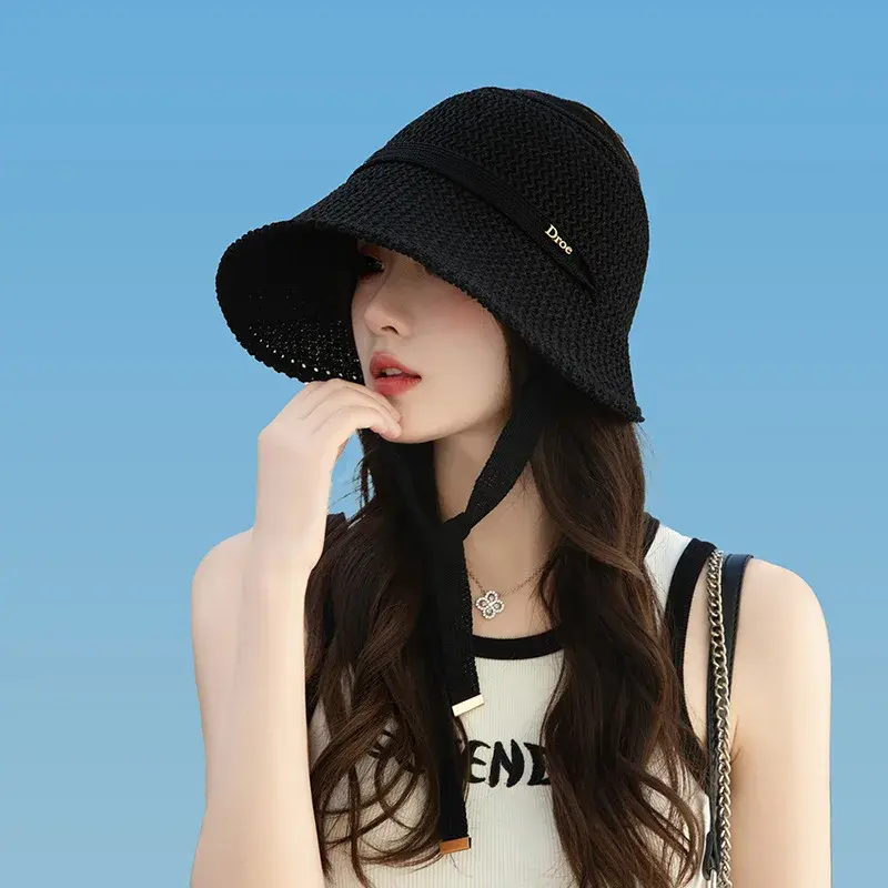 New Summer Knitted Tie Top Hat Breathable Outdoor Sports Sun Protection Fashionable Small Audience No Top Hat for Women