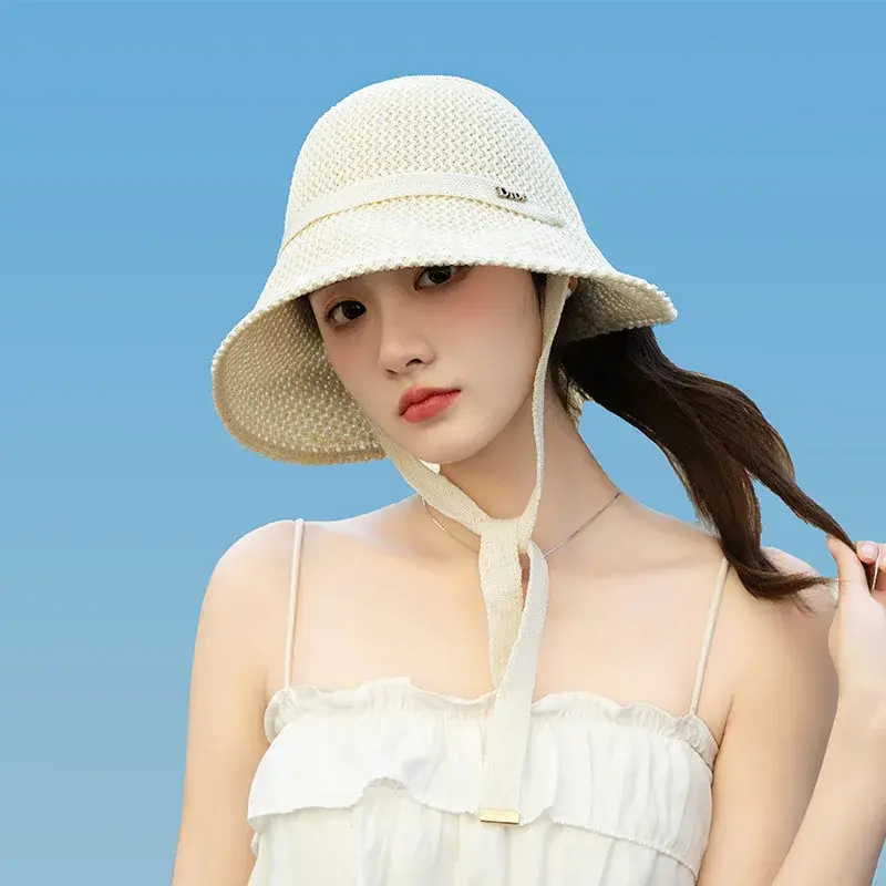 New Summer Knitted Tie Top Hat Breathable Outdoor Sports Sun Protection Fashionable Small Audience No Top Hat for Women