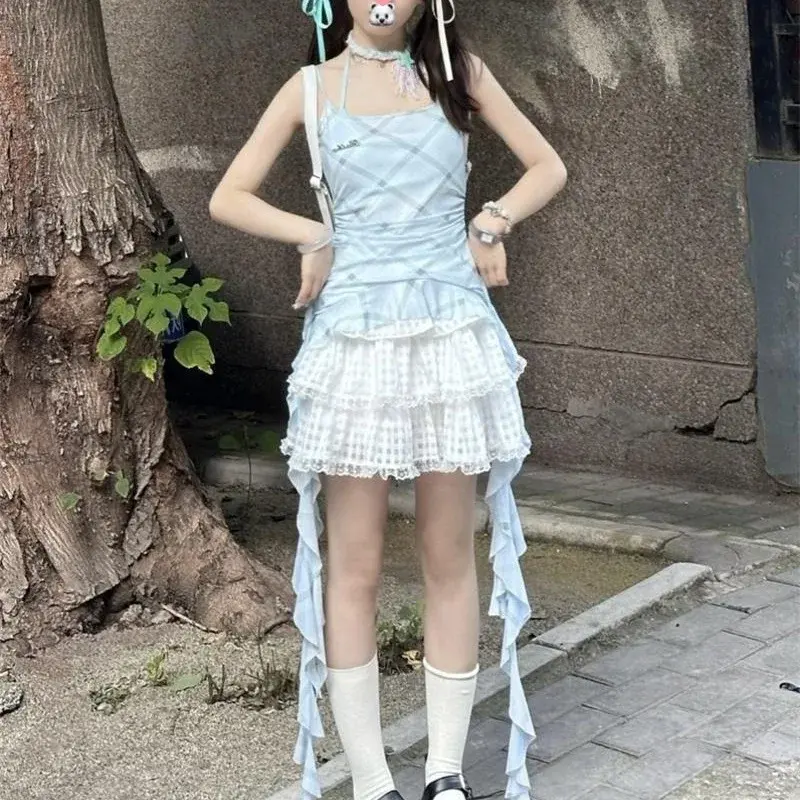Blue Vacation Striped Mesh Vest Top Women's Summer Letter Cropped Half Skirt Women's Lace Cake Skirt Polyester Fiber Decoration