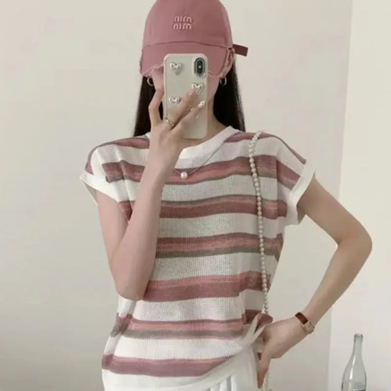 Thin Short Sleeve Knitted Ice Silk T-Shirt Women Summer Top Fashionable Solid Color Stripe Pattern Casual Flip Collar Design