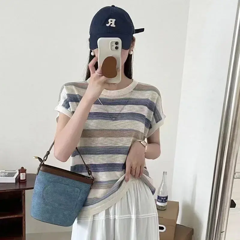 Thin Short Sleeve Knitted Ice Silk T-Shirt Women Summer Top Fashionable Solid Color Stripe Pattern Casual Flip Collar Design