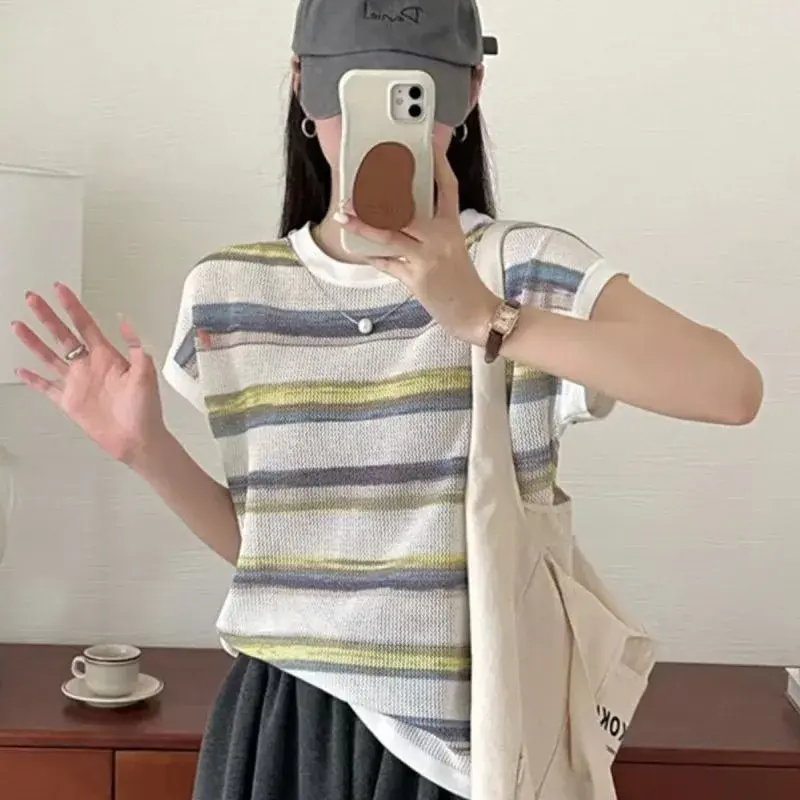 Thin Short Sleeve Knitted Ice Silk T-Shirt Women Summer Top Fashionable Solid Color Stripe Pattern Casual Flip Collar Design